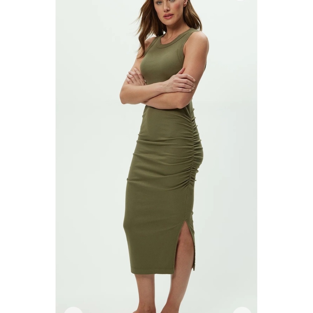 Michael Stars Wren Olive Green Ribbed Ruched Side Slit Midi Dress Womens Sz Med - Picture 3 of 7